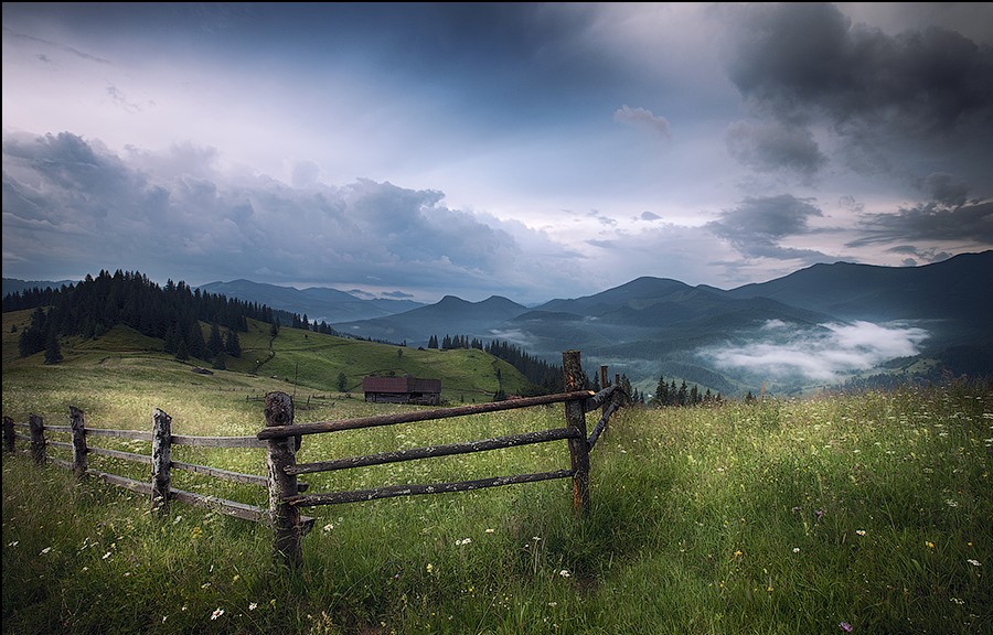 Mountains rural landscape before rain