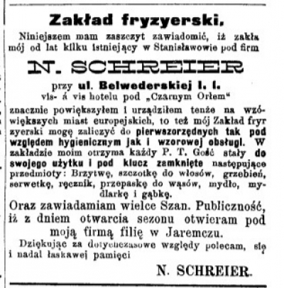 Реклама перукарні, «Кур’єр Станиславівський» від 5 травня 1901 р.